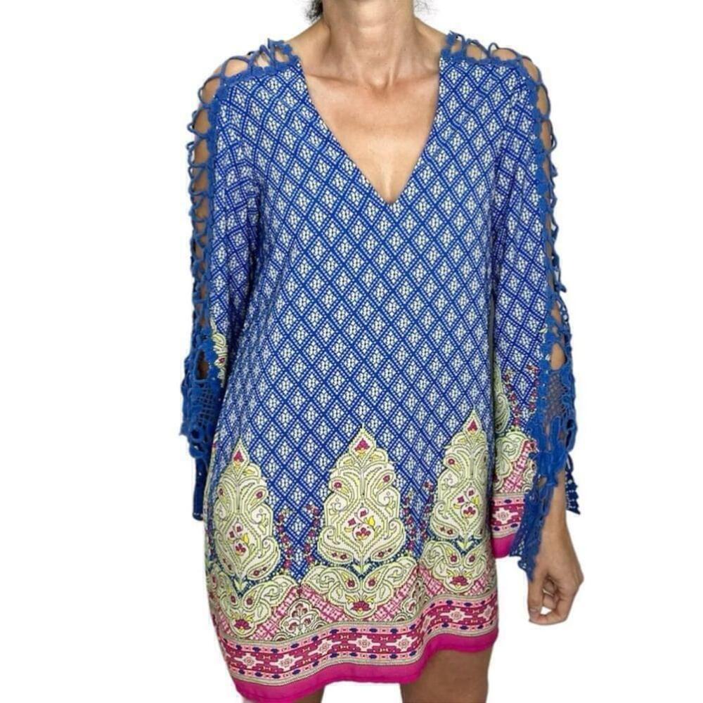 Enzo Loco Couture Paris blue pink paisley crochet bell sleeve mini dress 3